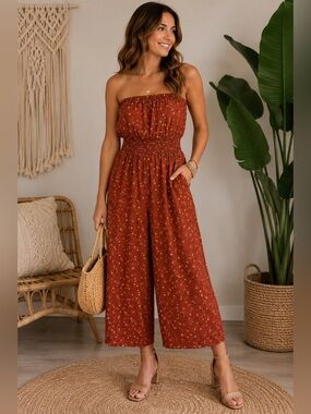 Forever 21 Rust Floral Strapless Wide-Leg Jumpsuit Size S Boho Festival